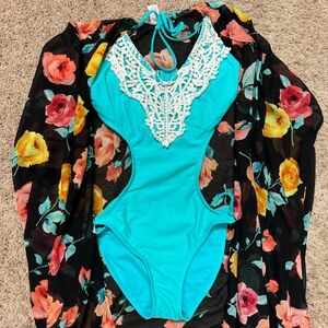 Baby Blue Decorative Top Open Back Bathing Suit